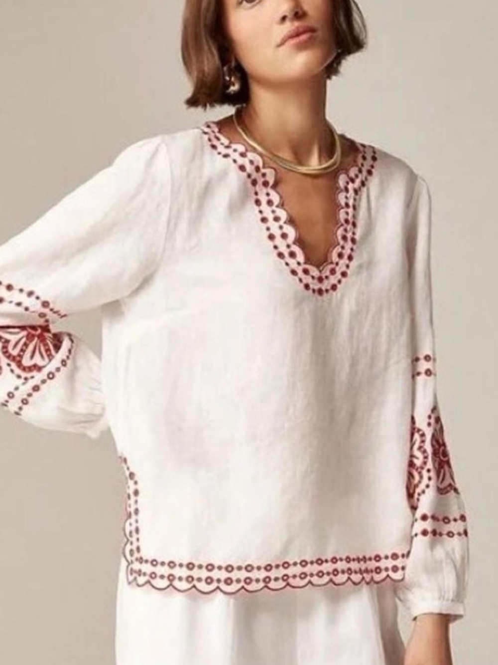 J. Crew White Linen Embroidered Top